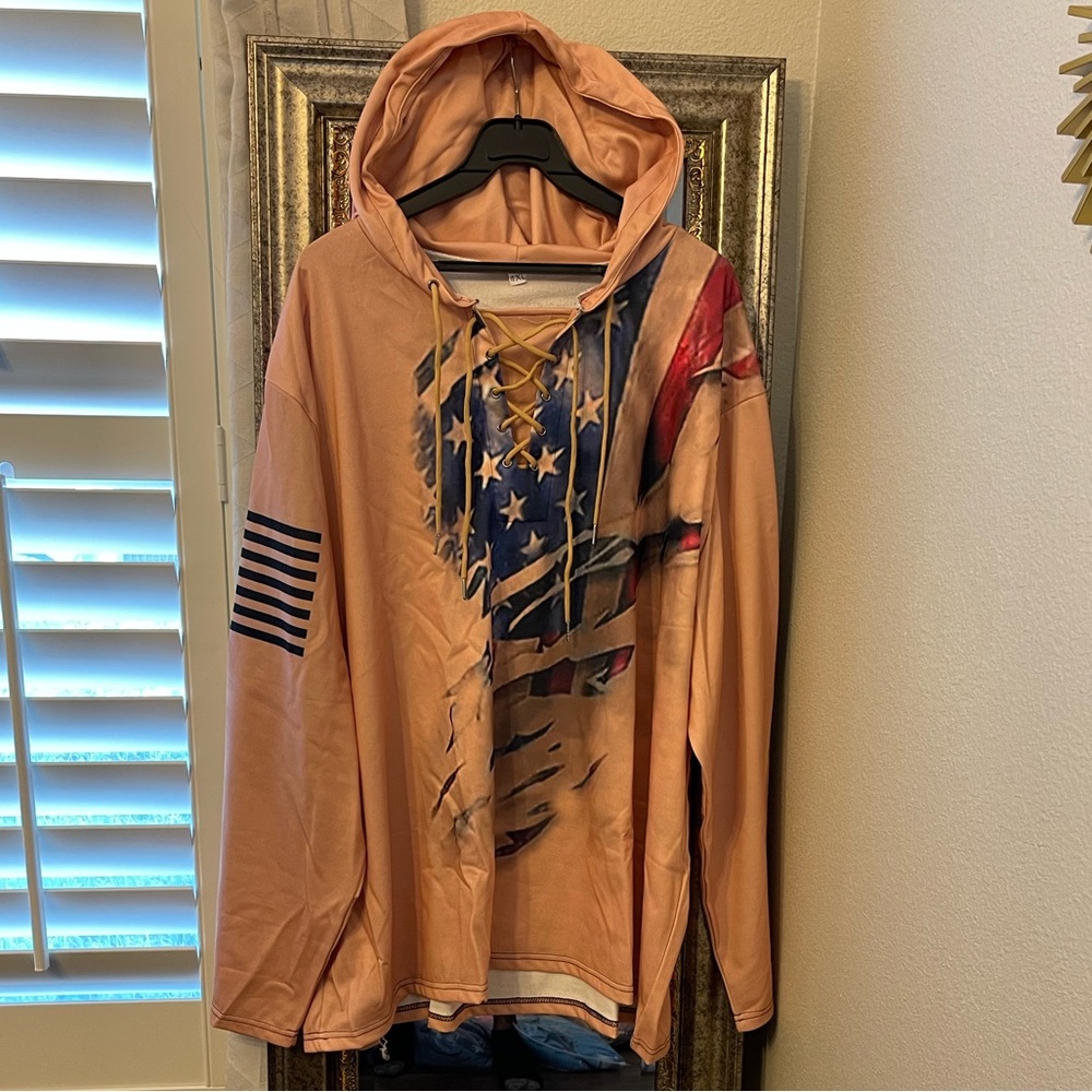 Men's Long Sleeve Pullover Hoodie Sweatshirt, peach with national flag print